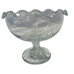 Eamon Hand Blown Glass, White Etched Shamrocks Fluted Edge, Twist Stem Compote